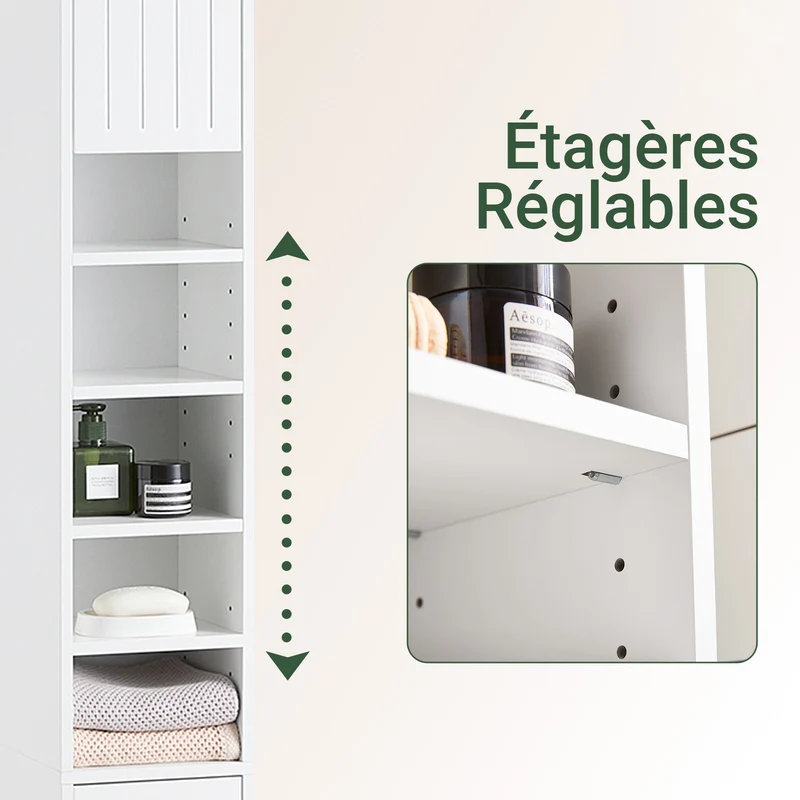 SoBuy BZR160-W Colonne Salle de Bain 20x180x20 cm, Petit Meuble Rangement WC, Meuble Salle de Bain avec Portes, Tiroir, Étagères, Armoire Haute Gain de Place