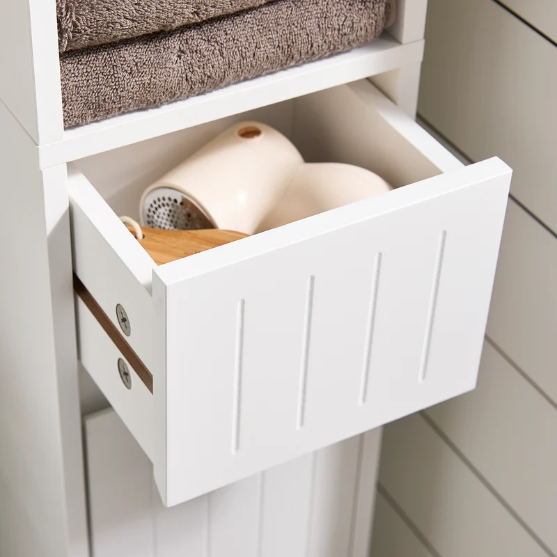 SoBuy BZR160-W Colonne Salle de Bain 20x180x20 cm, Petit Meuble Rangement WC, Meuble Salle de Bain avec Portes, Tiroir, Étagères, Armoire Haute Gain de Place