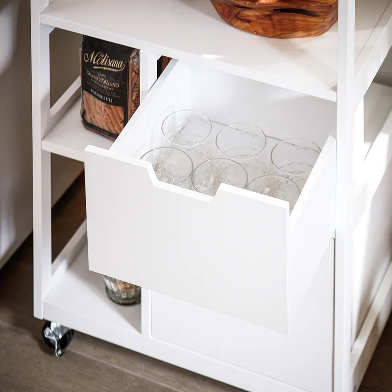 SoBuy FKW111-WN Desserte cuisine à roulettes 53 cm avec plan en bois, tiroir et étagères – Ìlot mobile gain de place blanc naturel
