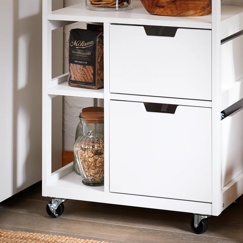 SoBuy FKW111-WN Desserte cuisine à roulettes 53 cm avec plan en bois, tiroir et étagères – Ìlot mobile gain de place blanc naturel