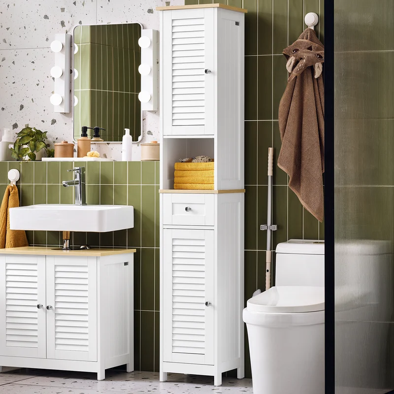 SoBuy FRG236-WN Meuble Colonne de Salle de Bain Armoire Haute Meuble de Rangement avec étagères réglables, 1 Tiroir et 2 Portes