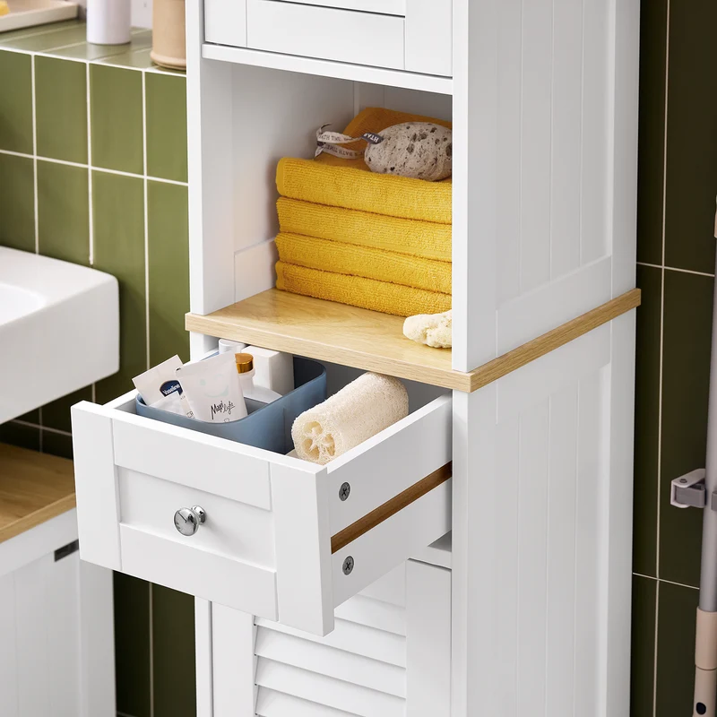 SoBuy FRG236-WN Meuble Colonne de Salle de Bain Armoire Haute Meuble de Rangement avec étagères réglables, 1 Tiroir et 2 Portes