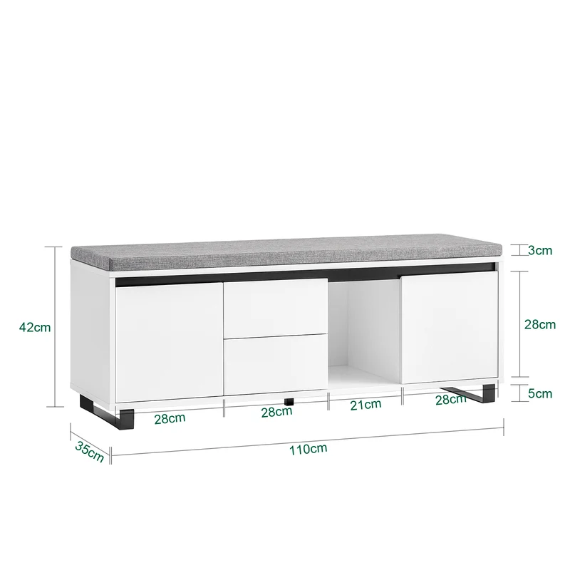 SoBuy FSR176-W Banc de Rangement, Banc à Chaussures, avec 1 Coussin Rembourré, 2 Tiroirs et 2 Portes pour Entrée