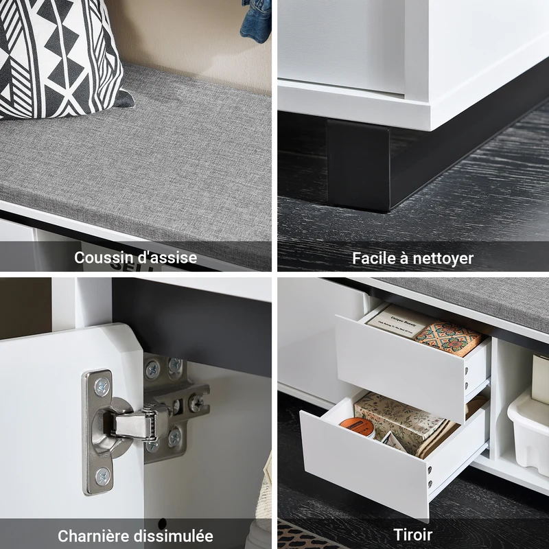 SoBuy FSR176-W Banc de Rangement, Banc à Chaussures, avec 1 Coussin Rembourré, 2 Tiroirs et 2 Portes pour Entrée
