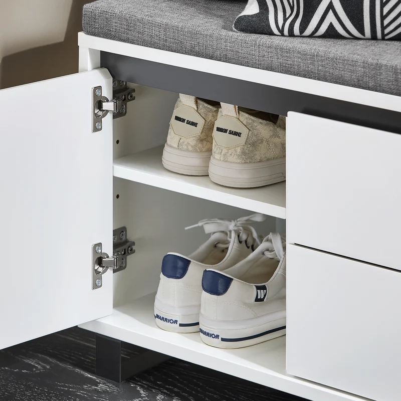 SoBuy FSR176-W Banc de Rangement, Banc à Chaussures, avec 1 Coussin Rembourré, 2 Tiroirs et 2 Portes pour Entrée