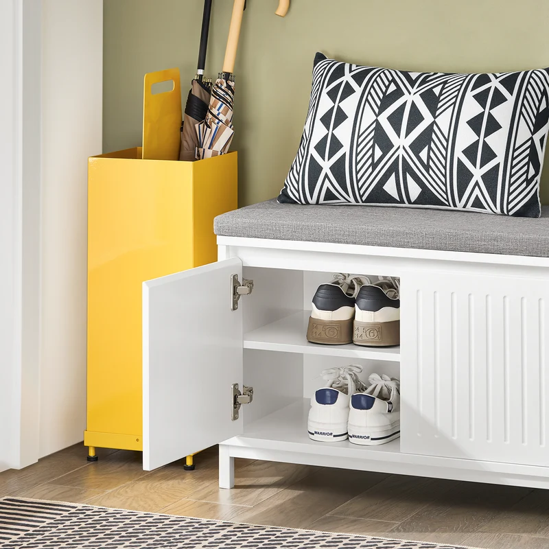 SoBuy FSR172-W Banc à Chaussures pour Enfants avec 2 Coussins Rembourrés, 2 Portes et 1 Tiroir, Charge 181 kg pour Entrée – 100x35x42 cm, Blanc