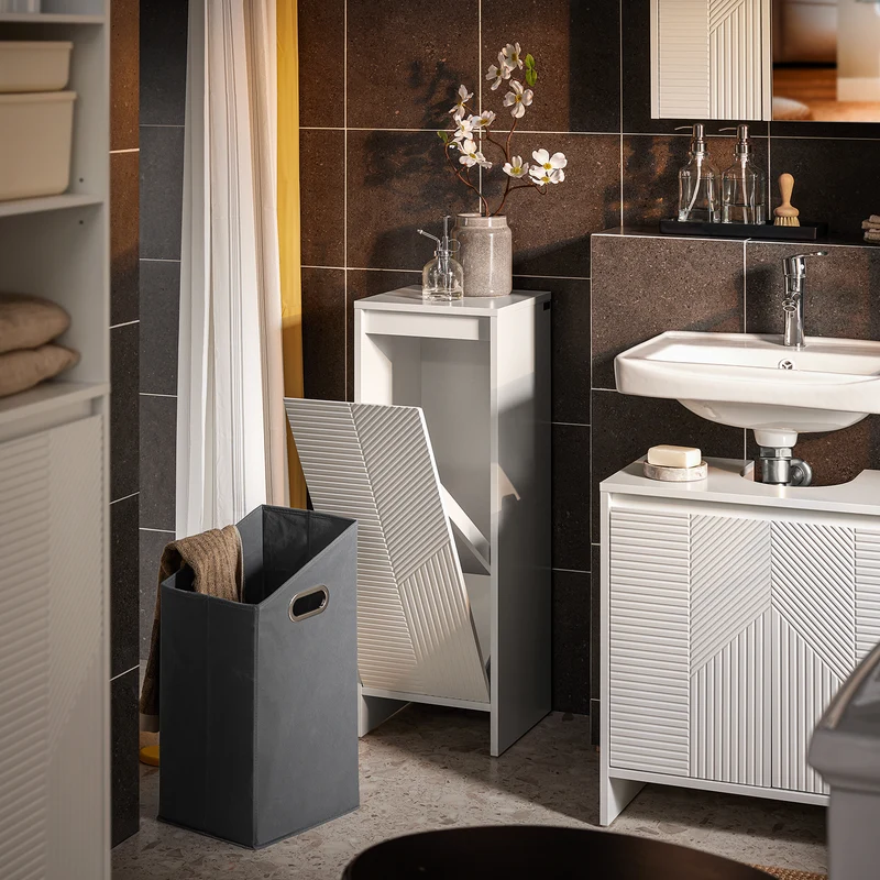 SoBuy BZR154-W Petit Meuble Salle de Bain avec Panier à Linge – Meuble WC Rangement 30x30x87 cm avec Porte Abattante, Design Moderne Blanc, Idéal pour Buanderie