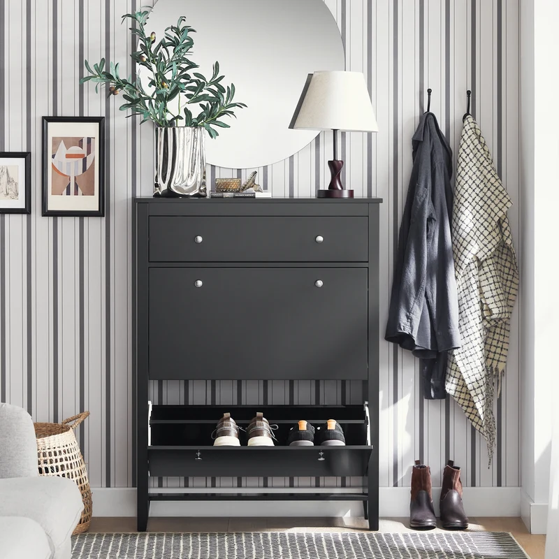 SoBuy FSR89-SCH Armoire à Chaussures 2 Abattants et Grand Tiroir, Rangement 12 Paires pour Entrée Couloir – 80x25x108 cm, Noir