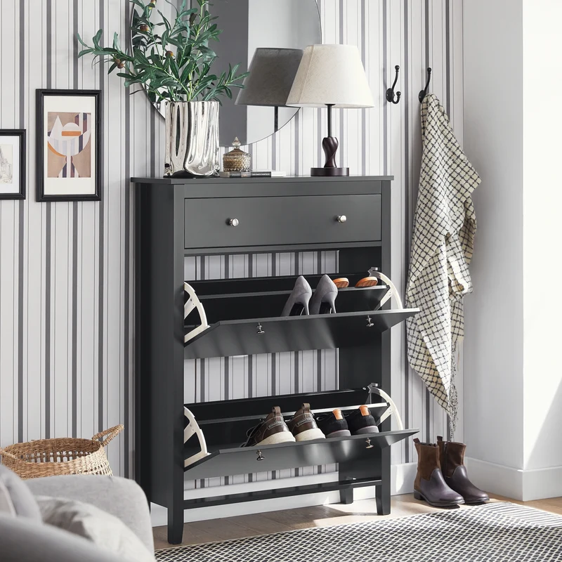 SoBuy FSR89-SCH Armoire à Chaussures 2 Abattants et Grand Tiroir, Rangement 12 Paires pour Entrée Couloir – 80x25x108 cm, Noir