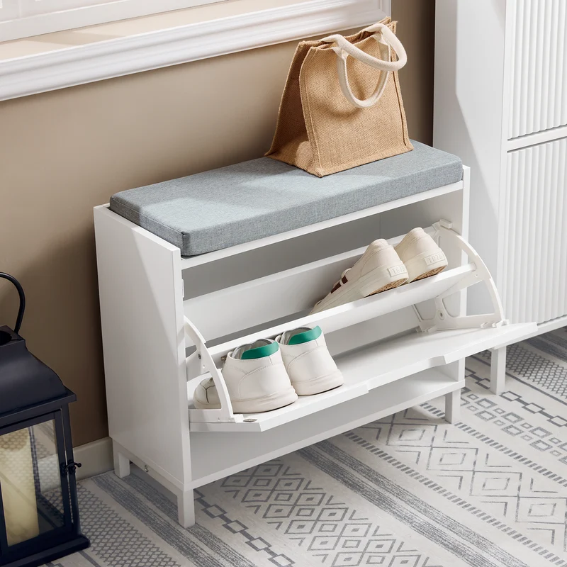 SoBuy FSR151-K-W Banc à Chaussures avec Coussin Rembourré et 1 Abattant, Slim 24cm pour Entrée – 60x24x52 cm, Blanc