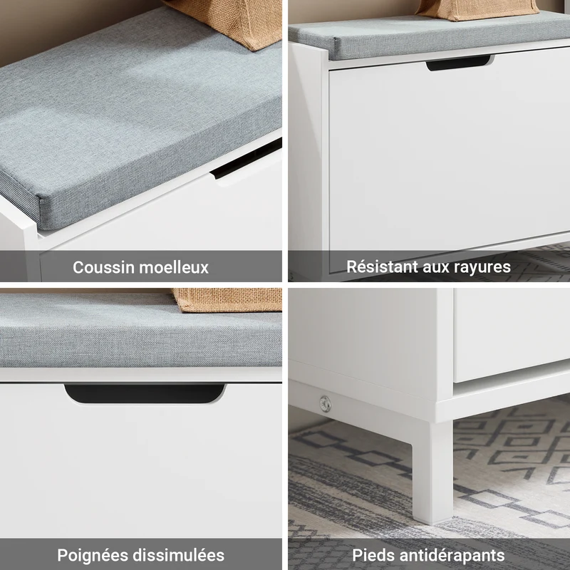 SoBuy FSR151-K-W Banc à Chaussures avec Coussin Rembourré et 1 Abattant, Slim 24cm pour Entrée – 60x24x52 cm, Blanc