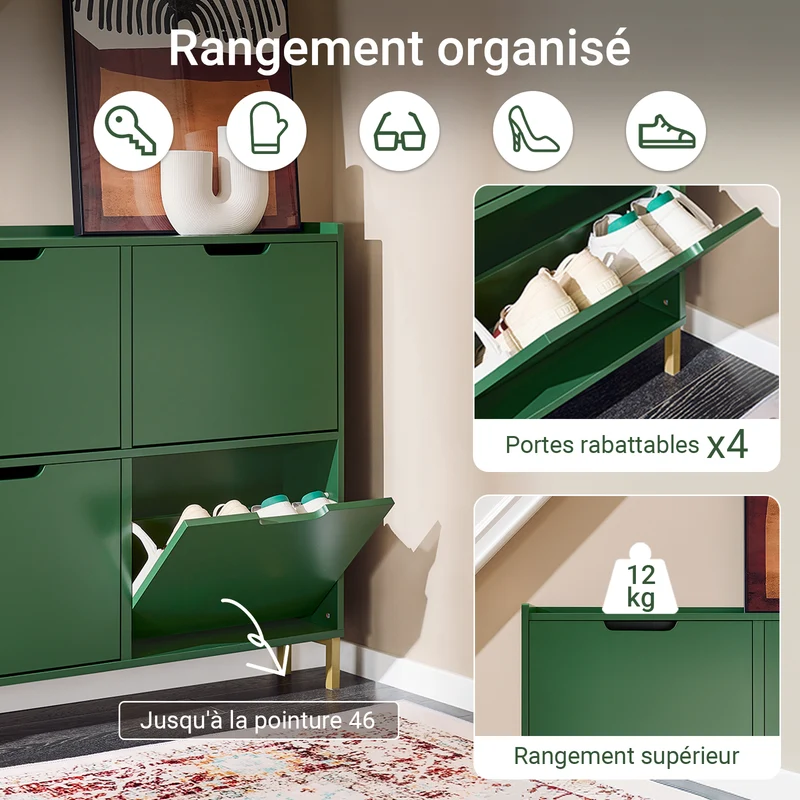 SoBuy FSR100-SY Meuble à Chaussures Ultra-Slim 19 cm Faible Profondeur – 4 Abattants, 8 Paires – Vert Sauge