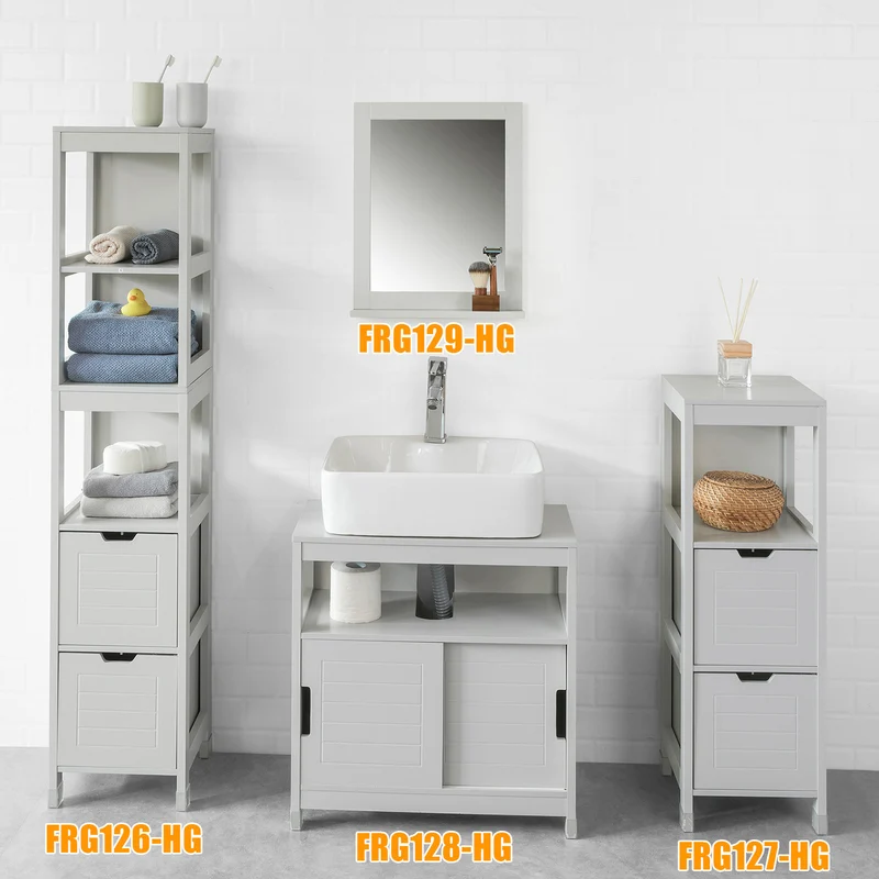 sobuyes.shopG129-HG Miroir Mural Meuble Salle de Bain avec 1 étage Plateau -Gris Clair