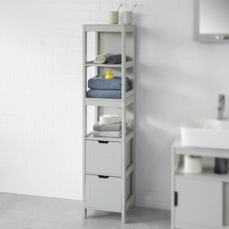 SoBuy FRG126-HG Meuble Colonne de Salle de Bain Armoire Haute – 4 étagères et 2 tiroirs -Gris Clair