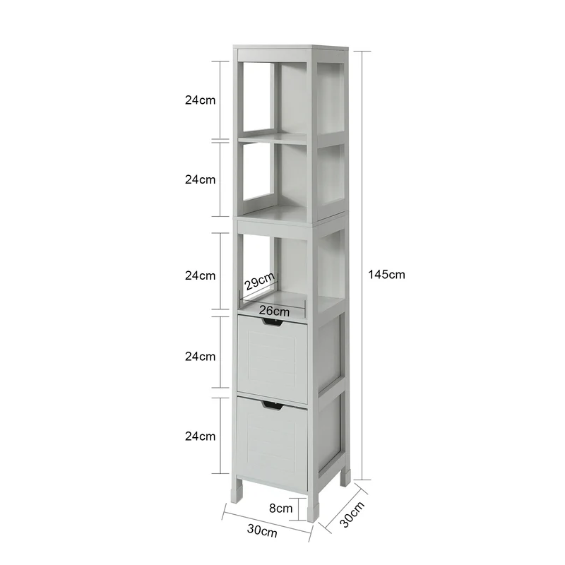 SoBuy FRG126-HG Meuble Colonne de Salle de Bain Armoire Haute – 4 étagères et 2 tiroirs -Gris Clair