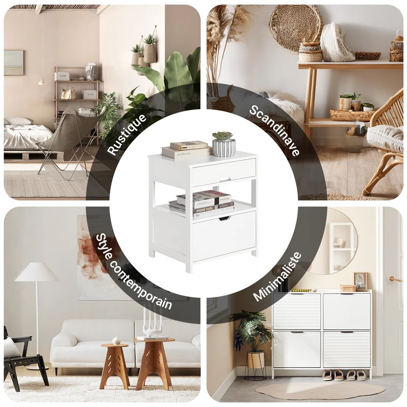SoBuy FRG258-W Table de Chevet avec 2 tiroirs et étagère, Table de Nuit pour Chambre à Coucher - Meuble de Rangement Moderne L45 x P38 x H55 cm Blanc