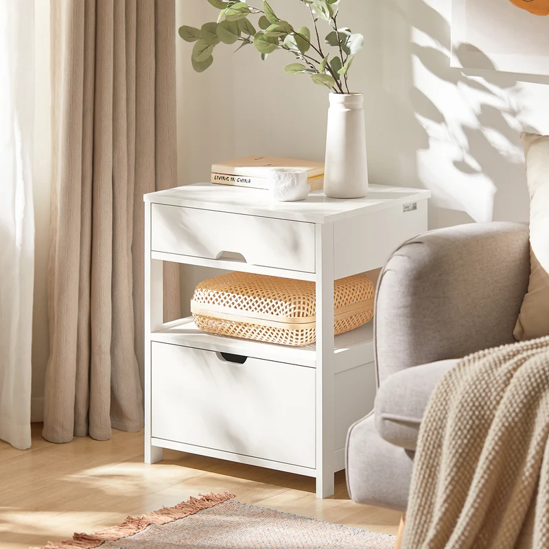 SoBuy FRG258-W Table de Chevet avec 2 tiroirs et étagère, Table de Nuit pour Chambre à Coucher - Meuble de Rangement Moderne L45 x P38 x H55 cm Blanc