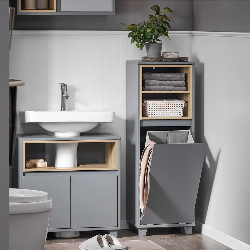 SoBuy BZR146-DG Meuble Bas de Salle de Bain, Meuble Demi-Colonne sur Pied, Placard WC Étroit avec 1 Panier à Linge