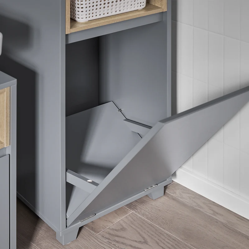 SoBuy BZR146-DG Meuble Bas de Salle de Bain, Meuble Demi-Colonne sur Pied, Placard WC Étroit avec 1 Panier à Linge