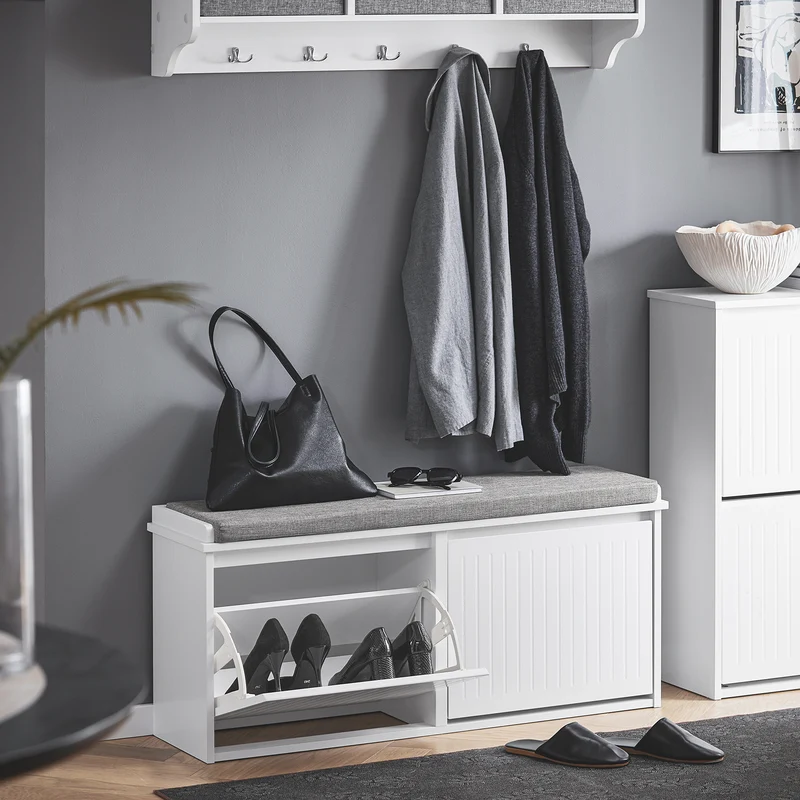 SoBuy FSR98-XL-W Banc à Chaussures avec Coussin Rembourré et 2 Abattants pour Entrée Couloir – 100x26x46 cm, Blanc