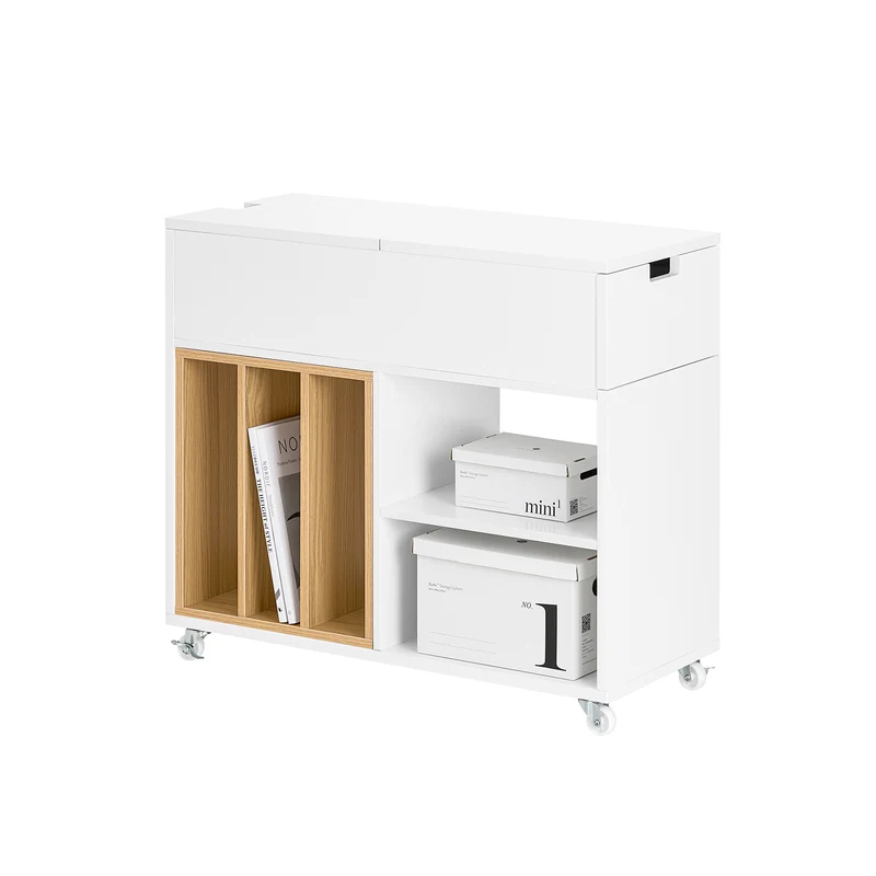 SoBuy FBT134-W Bout de Canapé en Bois, Table d'appoint Café, Table Basse Roulante, avec Porte- revues et Tiroir, Meuble de Rangemen
