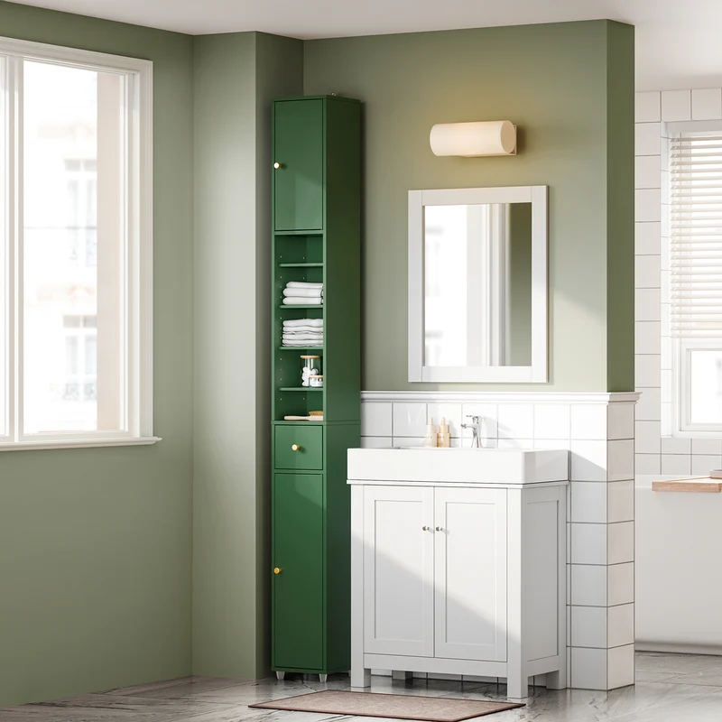SoBuy BZR34-II-SY Colonne Salle de Bain Vert Foncé 180 cm Ultra-Slim 20 cm avec Tiroir et Étagères Réglables – Anti-Humidité, Anti-Basculement, MDF
