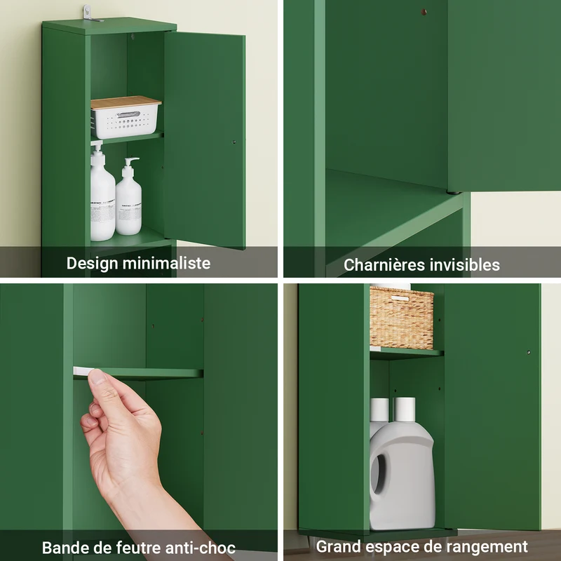SoBuy BZR34-II-SY Colonne Salle de Bain Vert Foncé 180 cm Ultra-Slim 20 cm avec Tiroir et Étagères Réglables – Anti-Humidité, Anti-Basculement, MDF