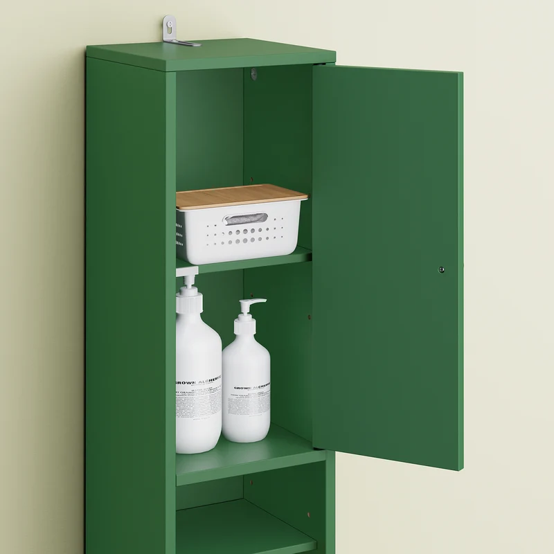 SoBuy BZR34-II-SY Colonne Salle de Bain Vert Foncé 180 cm Ultra-Slim 20 cm avec Tiroir et Étagères Réglables – Anti-Humidité, Anti-Basculement, MDF
