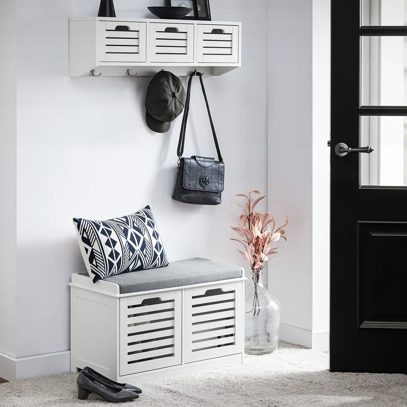 SoBuy FSR23-II-W Banc à Chaussures avec Coussin Rembourré, 2 Portes et 4 Compartiments Ouverts pour Entrée – 71x35x43 cm, Blanc