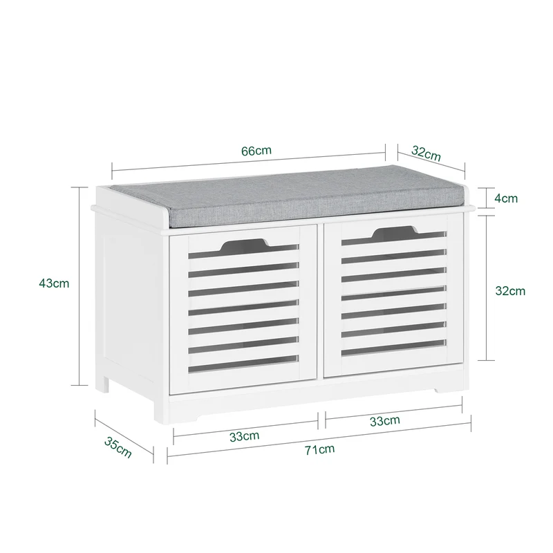 SoBuy FSR23-II-W Banc à Chaussures avec Coussin Rembourré, 2 Portes et 4 Compartiments Ouverts pour Entrée – 71x35x43 cm, Blanc