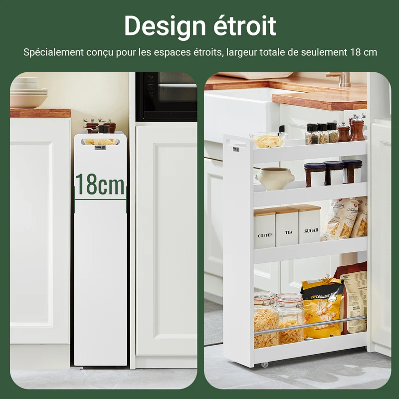 SoBuy NSR01-W Chariot de Rangement avec Roues et 4 Niveaux, Format Compact, Rangement Optimisé, Design Fonctionnel, Usage Quotidien – L60×P18×H82 cm, Blanc