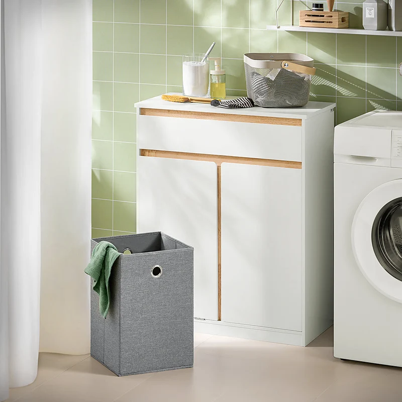 SoBuy BZR79-W Meuble de Salle de Bain avec Panier à Linge Intégré, Tiroir et Double Porte – Blanc et Bois