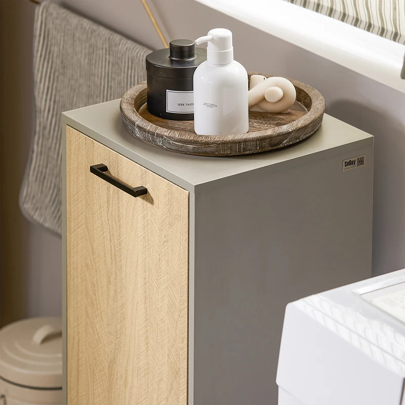 SoBuy BZR132-NG Meuble de Salle de Bain avec Panier à Linge – 31,5 cm, Pieds en Métal, Anti-Basculement, Gris Naturel