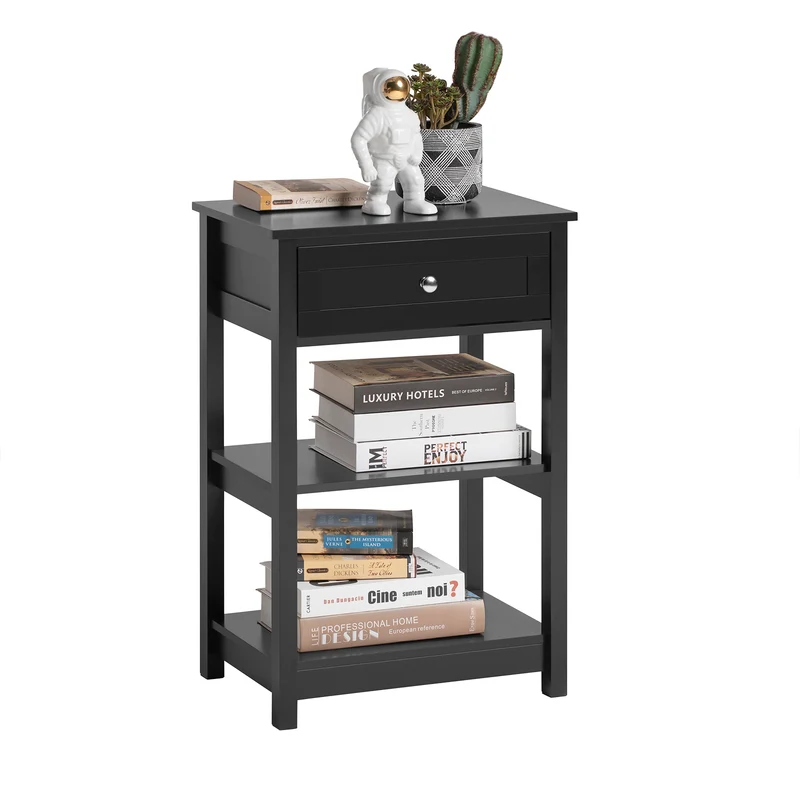 SoBuy FBT46-SCH Table de Chevet avec 1 Tiroir & 2 Étagères, Table d'appoint Moderne, Noir, L45 x P30 x H68cm