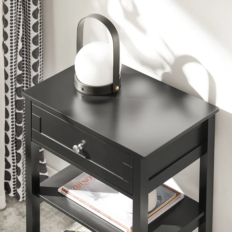 SoBuy FBT46-SCH Table de Chevet avec 1 Tiroir & 2 Étagères, Table d'appoint Moderne, Noir, L45 x P30 x H68cm