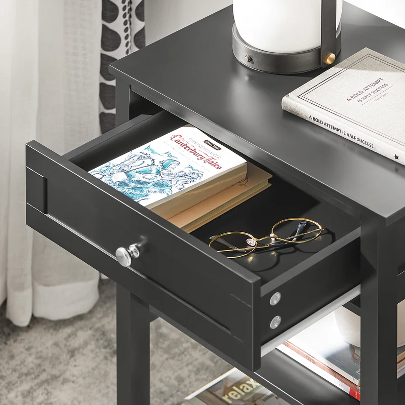 SoBuy FBT46-SCH Table de Chevet avec 1 Tiroir & 2 Étagères, Table d'appoint Moderne, Noir, L45 x P30 x H68cm