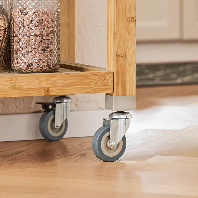 SoBuy FKW40-N Desserte de Cuisine à Roulettes en Bambou avec Plan de Travail INOX, 2 Tiroirs et 2 Paniers, Îlon Central Compact – 73x46x93 cm, Naturel