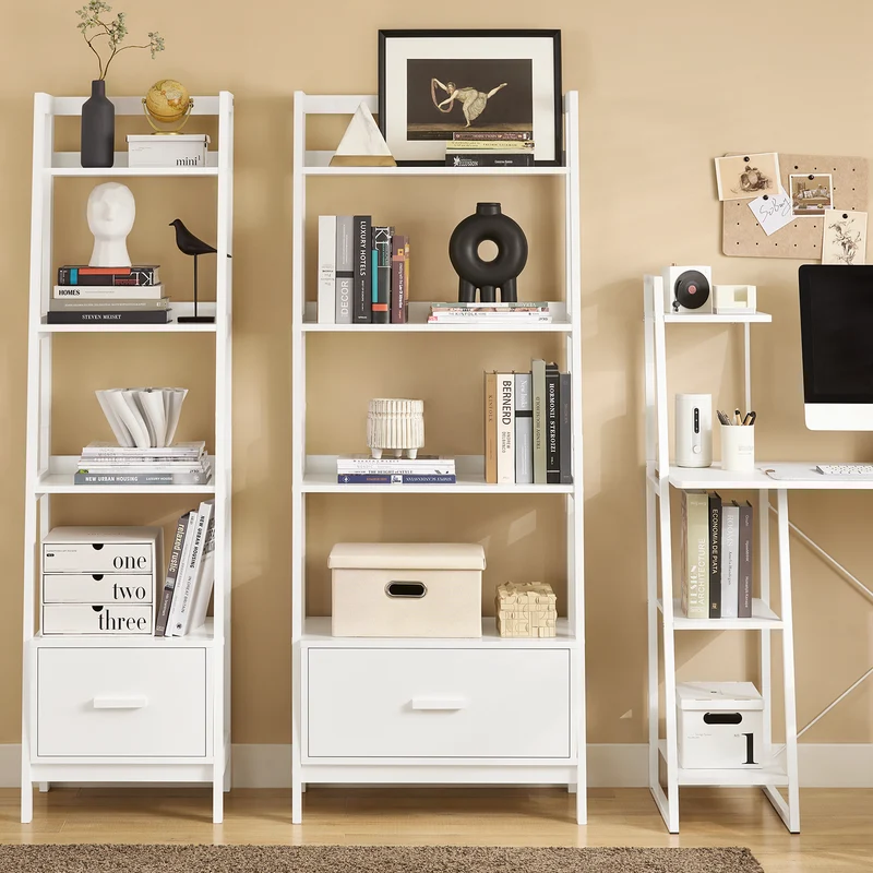 SoBuy FRG116-W Bibliothèque Étagère style échelle de 4 niveaux et 1 tiroir –Blanc