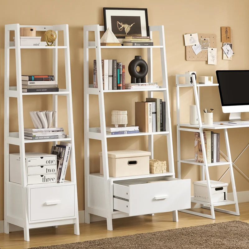 SoBuy FRG116-W Bibliothèque Étagère style échelle de 4 niveaux et 1 tiroir –Blanc