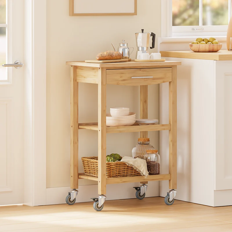 SoBuy FKW135-N Desserte de cuisine en bambou carbonisé 58 cm avec tiroir et roulettes – Chariot de cuisine naturel