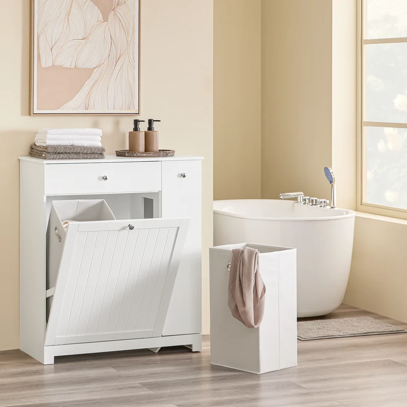 SoBuy BZR214-W Colonne Salle de Bain avec Panier à Linge et 1 Tiroir, pour Salle de Bain et WC, Rangement Optimisé, Design Fonctionnel – L78×P38×H90 cm, Blanc