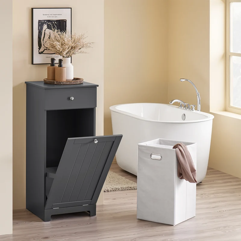 SoBuy BZR21-II-DG Meuble Salle de Bain avec Panier à Linge, 1 Tiroir et 1 Panier, Pliable, pour Salle de Bain et WC, Rangement Optimisé – L40×P38×H90 cm, Gris