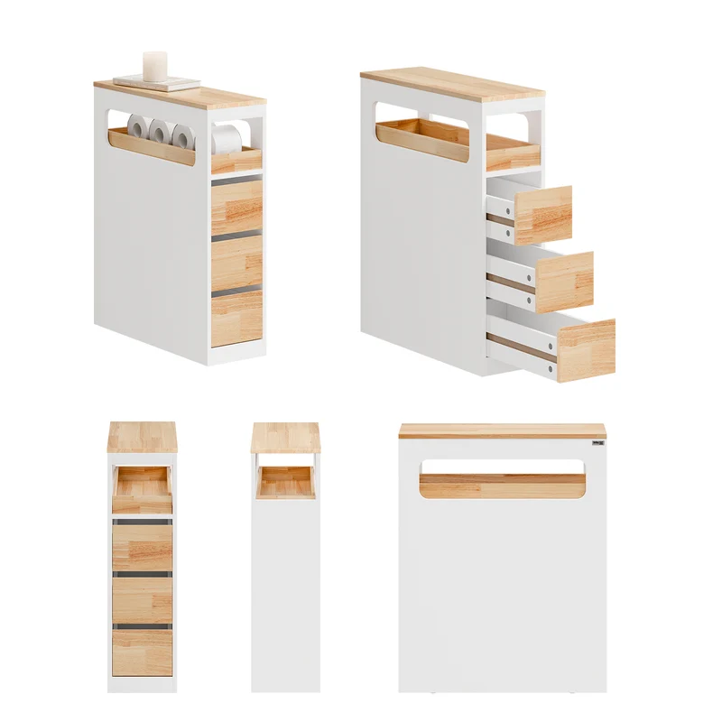 SoBuy BZR54-III-WN Meuble Salle de Bain Slim 23 cm à Roulettes – 3 Tiroirs – Blanc et Bois Naturel