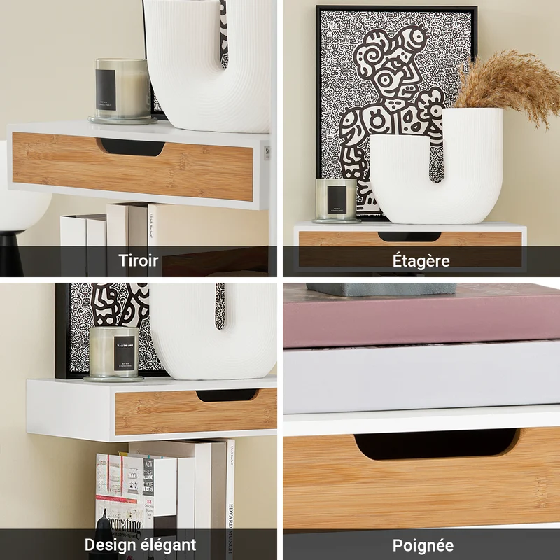 sobuyes.shopG92-WNx2 Lot de 2 Étagères Murales Flottantes avec Tiroir, Étagère Murale Moderne pour Entrée, Salon, Cuisine ou Chambre, Blanc & Nature 40×24×8 cm