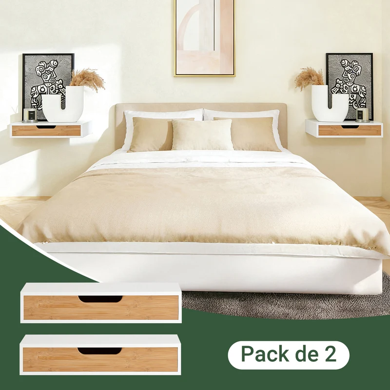 sobuyes.shopG92-WNx2 Lot de 2 Étagères Murales Flottantes avec Tiroir, Étagère Murale Moderne pour Entrée, Salon, Cuisine ou Chambre, Blanc & Nature 40×24×8 cm