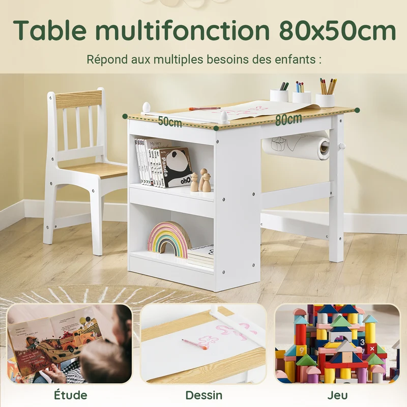 SoBuy KMB60-WN Ensemble Table et Chaise Enfant avec 2 Étagères, Porte-Rouleau et 3 Emplacements Stylos – L80×P50×H66 cm, MDF E1 + Pin, Blanc et Naturel