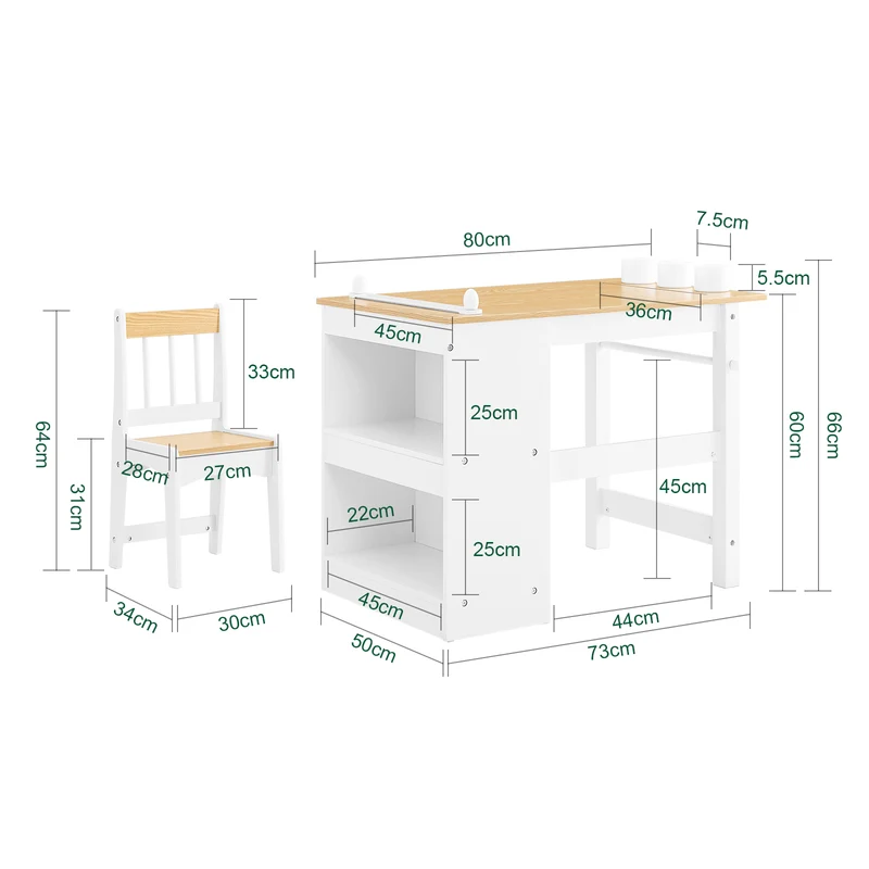 SoBuy KMB60-WN Ensemble Table et Chaise Enfant avec 2 Étagères, Porte-Rouleau et 3 Emplacements Stylos – L80×P50×H66 cm, MDF E1 + Pin, Blanc et Naturel