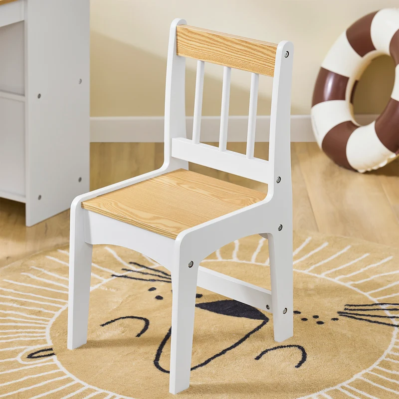 SoBuy KMB60-WN Ensemble Table et Chaise Enfant avec 2 Étagères, Porte-Rouleau et 3 Emplacements Stylos – L80×P50×H66 cm, MDF E1 + Pin, Blanc et Naturel