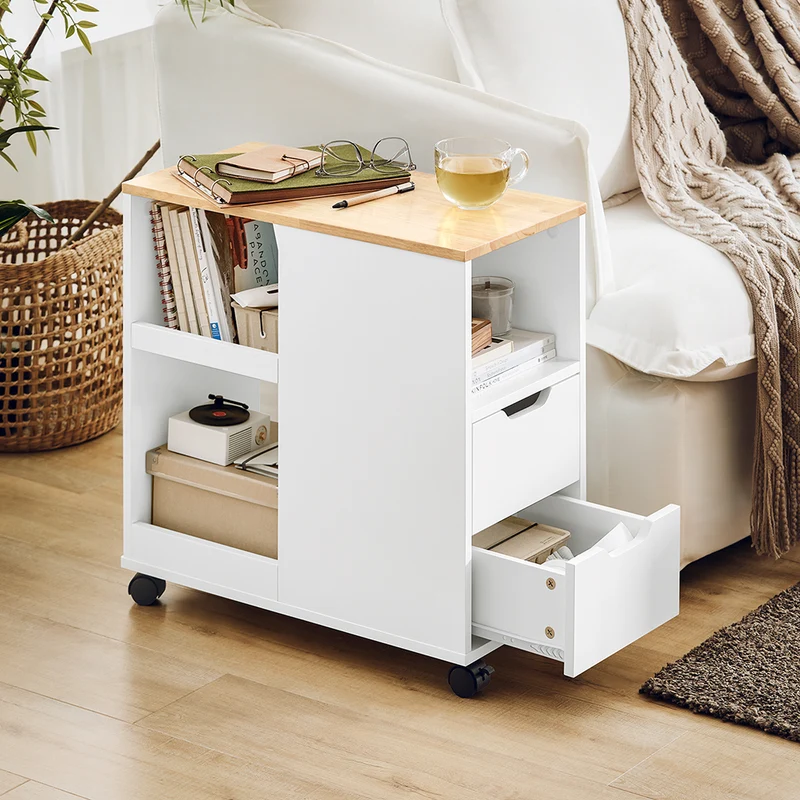 SoBuy FBT130-WN Bout de Canapé, Table d'appoint avec 2 Tiroirs, Compartiment Ouvert, Meuble de Rangement à roulettes, Chariot pour Salon, Bureau, Chambre, Blanc, L60xP30xH60cm