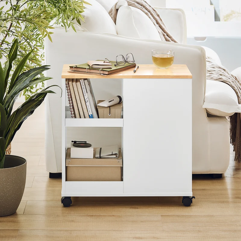 SoBuy FBT130-WN Bout de Canapé, Table d'appoint avec 2 Tiroirs, Compartiment Ouvert, Meuble de Rangement à roulettes, Chariot pour Salon, Bureau, Chambre, Blanc, L60xP30xH60cm
